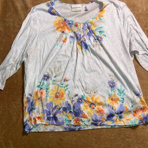 Alfred‎ Dunner Women 2XL Spring Floral Embellishment 3/4 Sleeve Blouse (O)